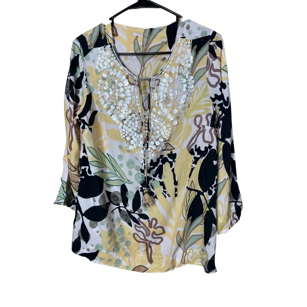 Soft Surroundings Womens M Multi Floral Beaded Tunic Tie Neck Tassel Boho Chic